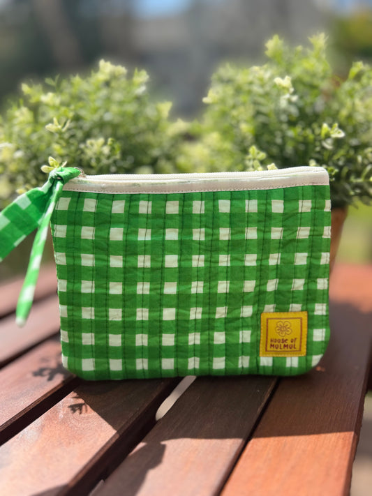 Block print Flat zip pouch - Quilted travel pouch - Passport pouch - Green Check