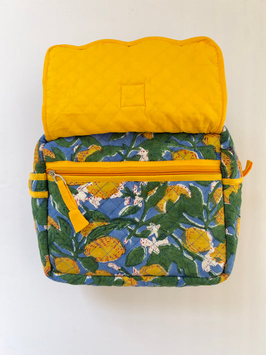 Citron & Azure - Cotton Quilted Handblock Printed Travel Makeup Utility Pouch (Scallop)