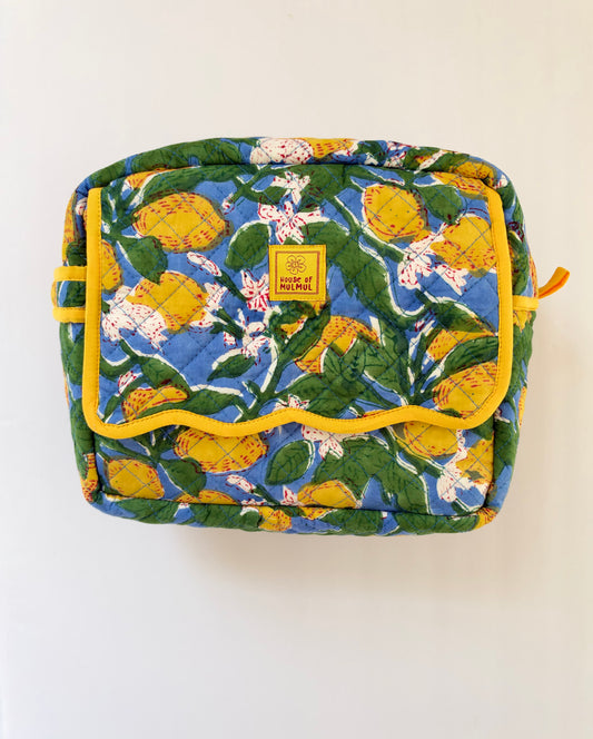 Citron & Azure - Cotton Quilted Handblock Printed Travel Makeup Utility Pouch (Scallop)