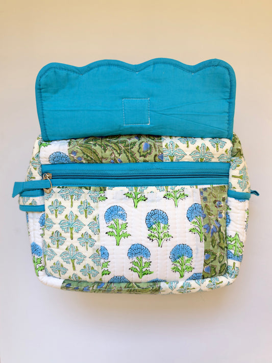 Sage & Sky - Cotton Quilted Handblock Printed Travel Makeup Utility Pouch (Scallop)