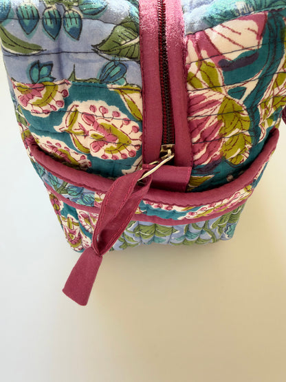 The Meera Sage - Cotton Quilted Handblock Printed Travel Makeup Utility Pouch (Scallop)