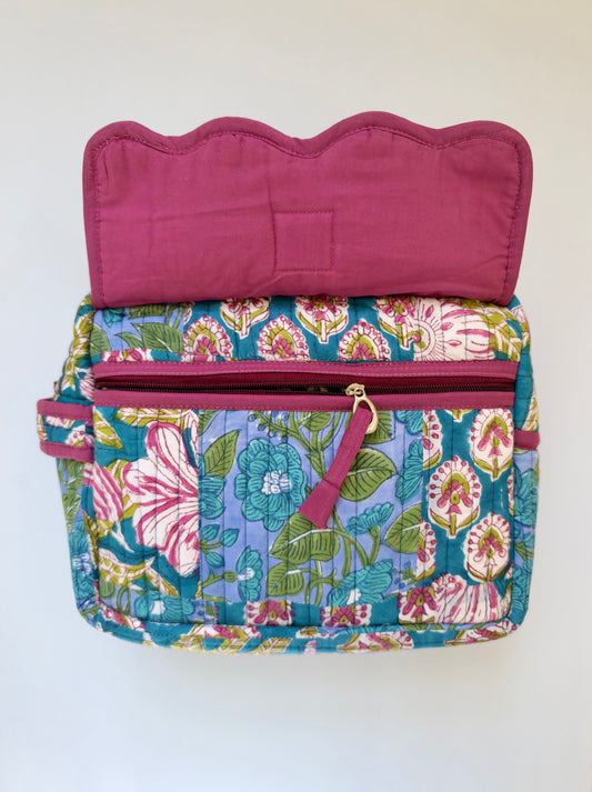 The Meera Sage - Cotton Quilted Handblock Printed Travel Makeup Utility Pouch (Scallop)