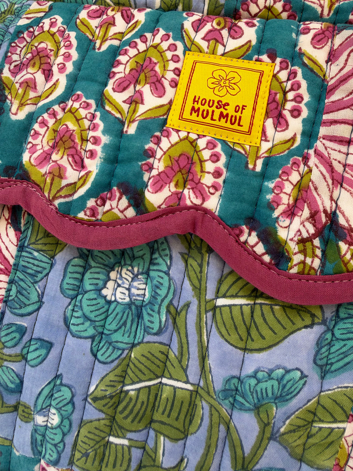 The Meera Sage - Cotton Quilted Handblock Printed Travel Makeup Utility Pouch (Scallop)