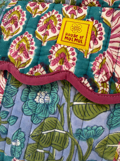 The Meera Sage - Cotton Quilted Handblock Printed Travel Makeup Utility Pouch (Scallop)