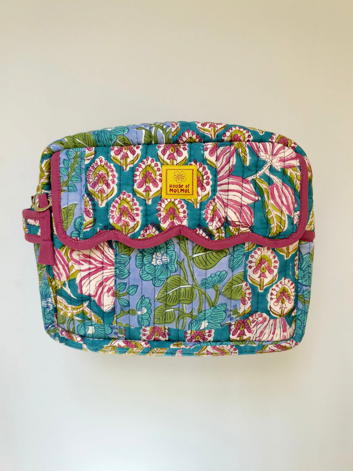The Meera Sage - Cotton Quilted Handblock Printed Travel Makeup Utility Pouch (Scallop)