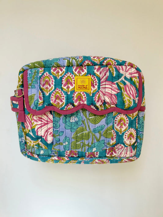 The Meera Sage - Cotton Quilted Handblock Printed Travel Makeup Utility Pouch (Scallop)