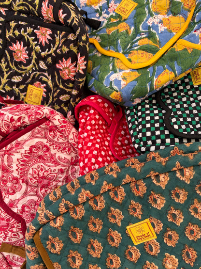 Raspberry Reverie - Cotton Quilted Blockprinted Travel, Makeup, Utility Pouches (Set of 2)