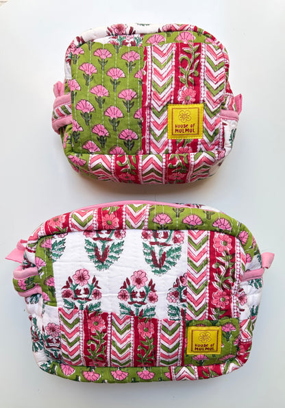 House of Mulmul - Handblock Printed Travel Makeup Quilted Pouch set. Two fabric pouches with colorful patterns on a white background