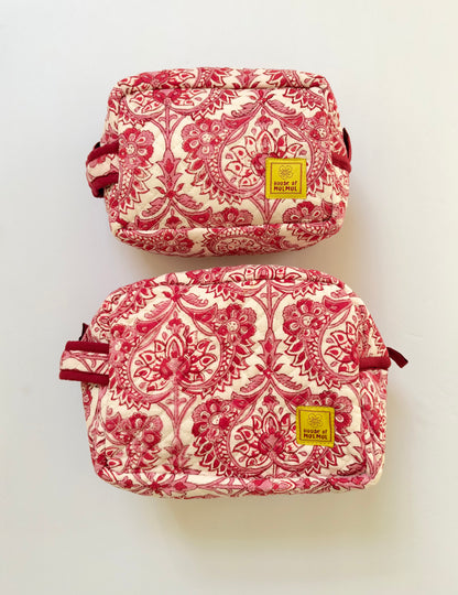 Raspberry Reverie - Cotton Quilted Blockprinted Travel, Makeup, Utility Pouches (Set of 2)