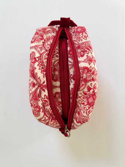 Raspberry Reverie - Cotton Quilted Blockprinted Travel, Makeup, Utility Pouches (Set of 2)