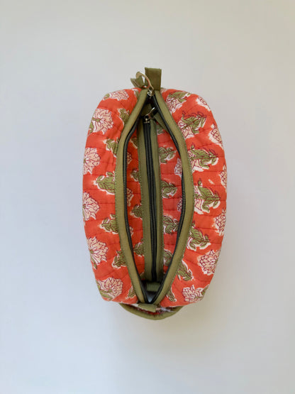 Saffron Harvest - Cotton Quilted Blockprinted Travel, Makeup, Utility Pouches (Set of 2)