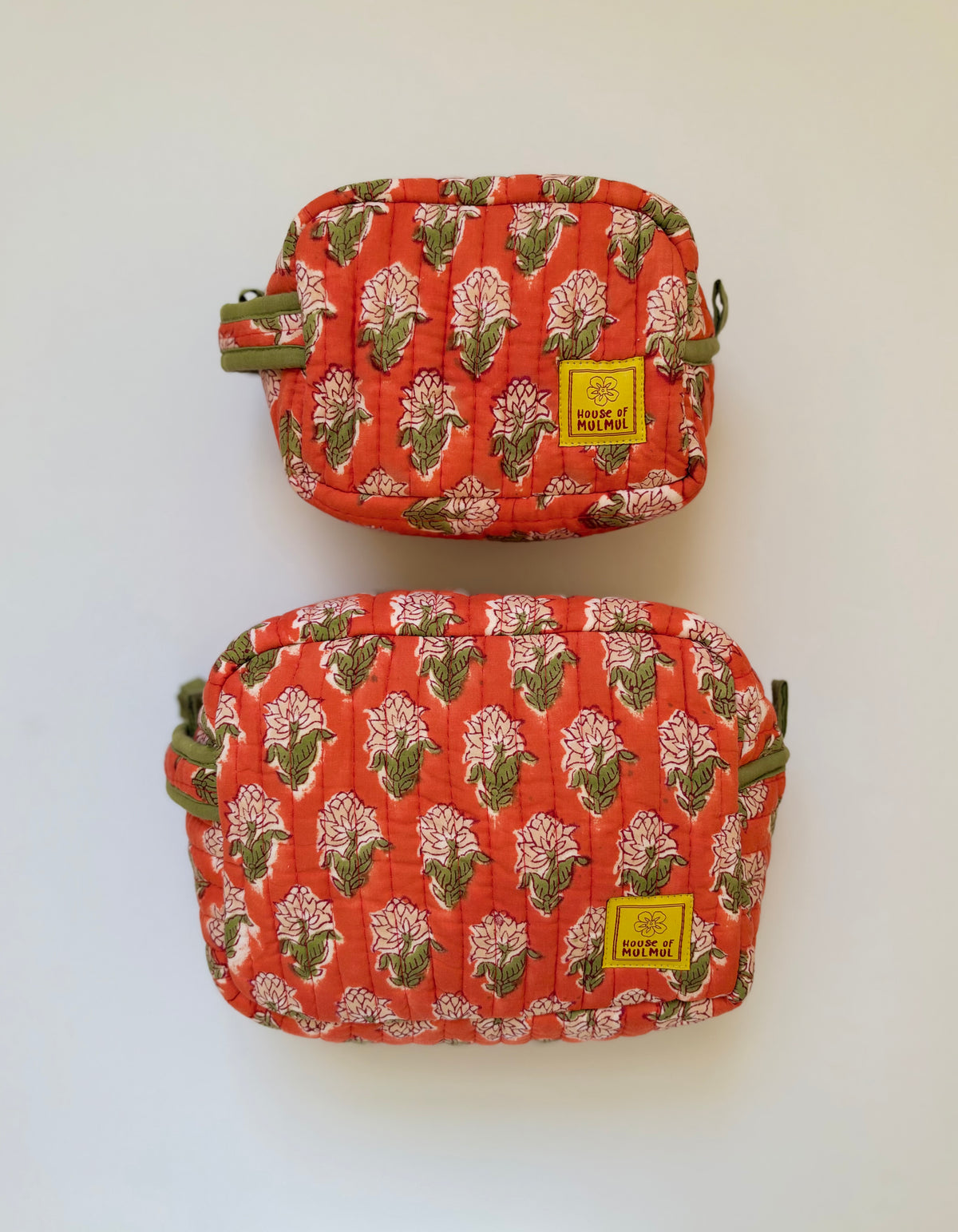 Saffron Harvest - Cotton Quilted Blockprinted Travel, Makeup, Utility Pouches (Set of 2)