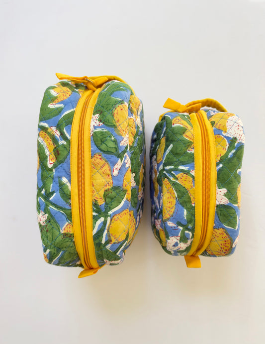 Citron & Azure - Cotton Quilted Blockprinted Travel, Makeup, Utility Pouches (Set of 2)
