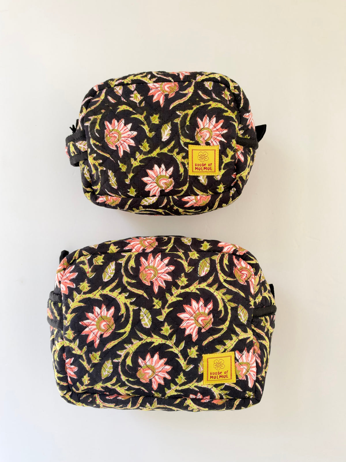 Noir Lotus - Cotton Quilted Blockprinted Travel, Makeup, Utility Pouches (Set of 2)