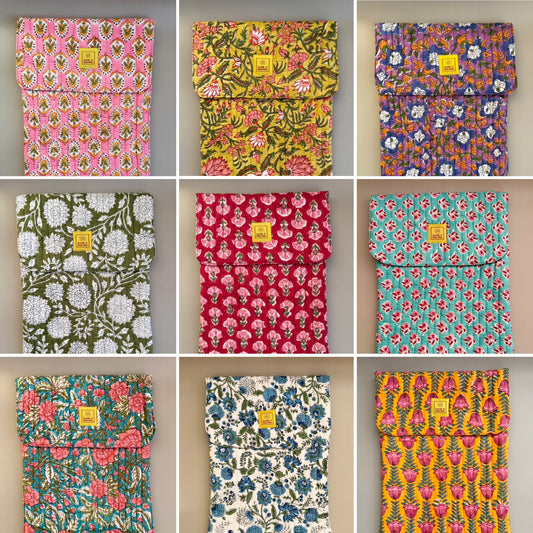 Block printed Quilted MacBook & Laptop Sleeve - velcro closure (Carnation)