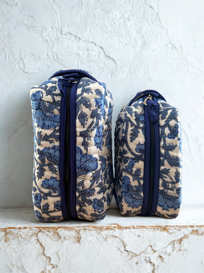 House of Mulmul - Quilted Blockprint Travel Makeup pouch set. Blue and white patterned pouch set with a zipper.