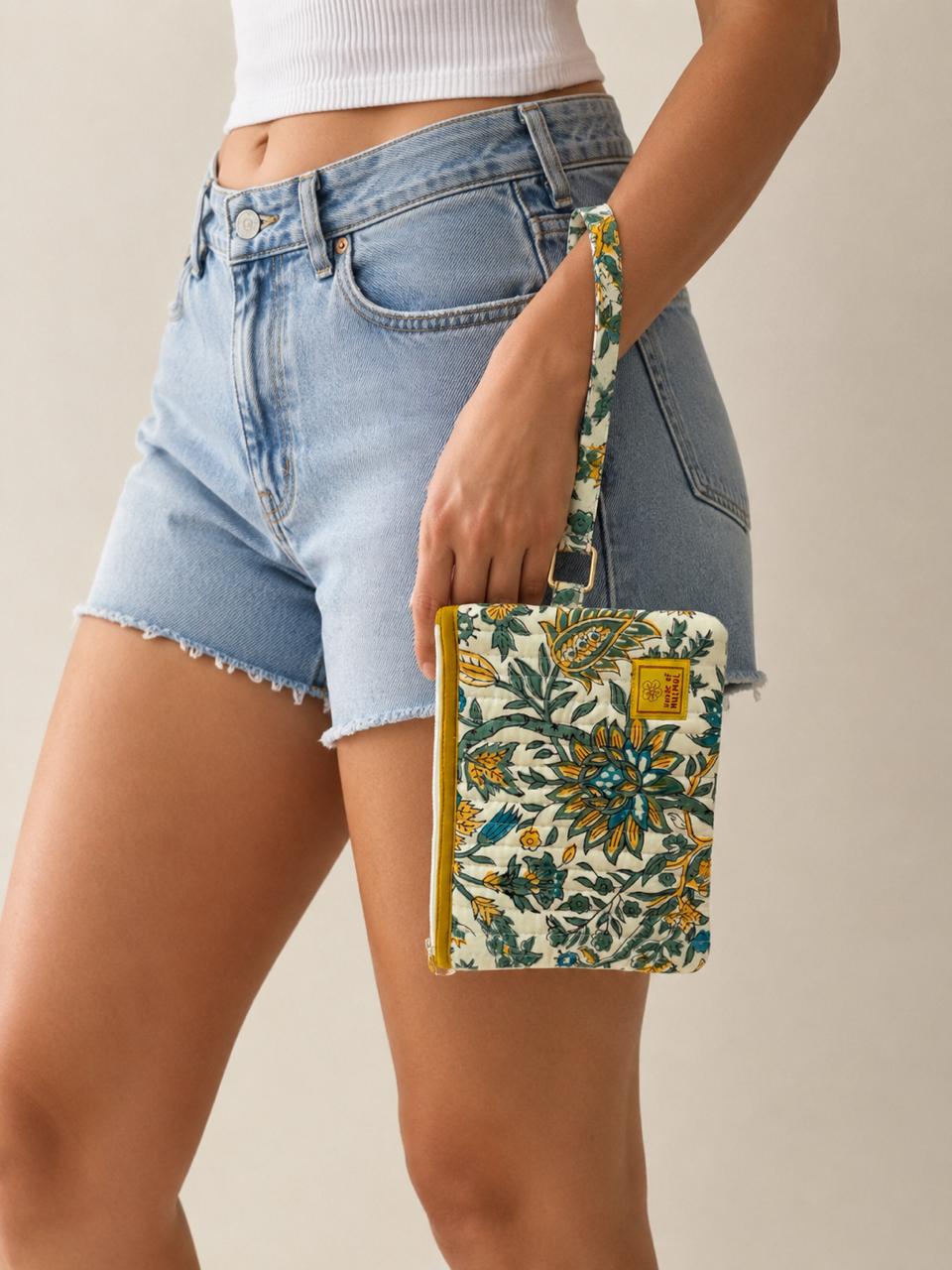 Hand Block Printed Quilted Everyday Wristlet Pouch & Organizer