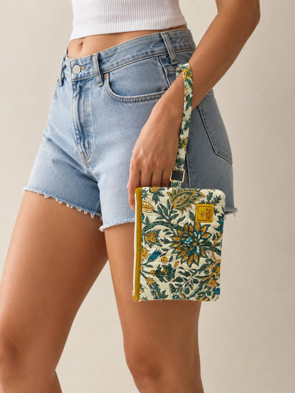 Hand Block Printed Quilted Everyday Wristlet Pouch & Organizer