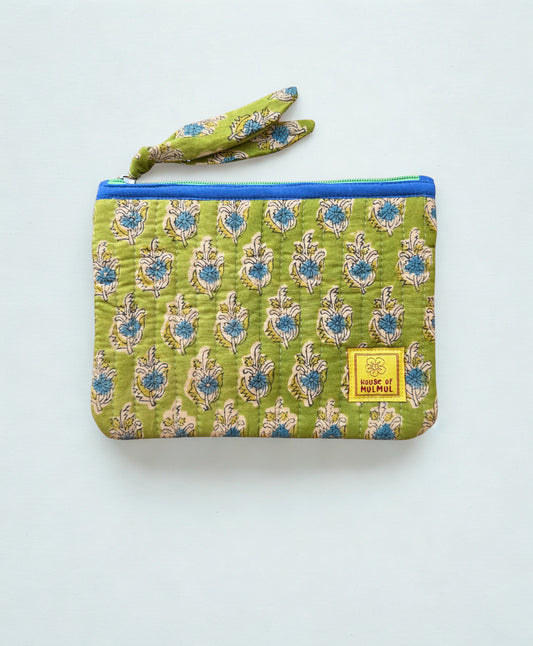 House of Mulmul - Quilted Flat Passport Pouch. Green patterned pouch with a yellow label on a white background.