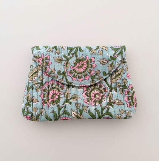 House of Mulmul - Quilted Foldable Travel Makeup pouch. Foldable floral makeup bag.