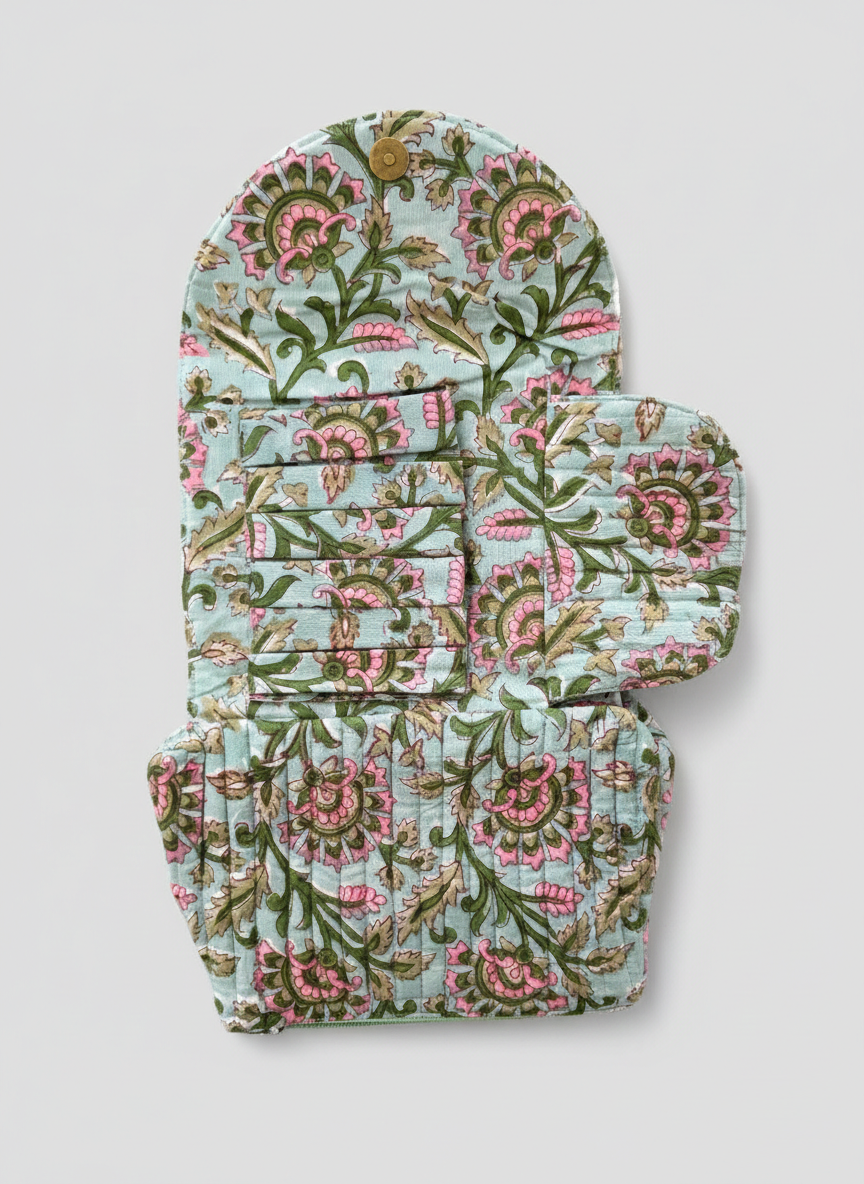 House of Mulmul - Quilted Foldable Travel Makeup pouch. Foldable floral makeup bag.