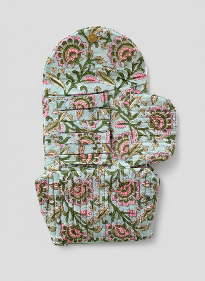 House of Mulmul - Quilted Foldable Travel Makeup pouch. Foldable floral makeup bag.