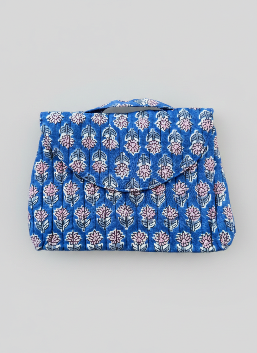 House of Mulmul - Quilted Foldable Travel Makeup pouch. Blue floral-patterned foldable makeup bag made of cotton.