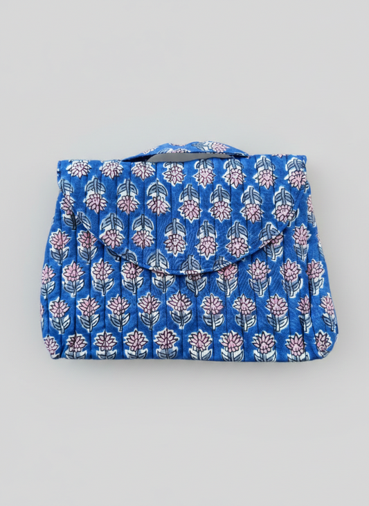 House of Mulmul - Quilted Foldable Travel Makeup pouch. Blue floral-patterned foldable makeup bag made of cotton.