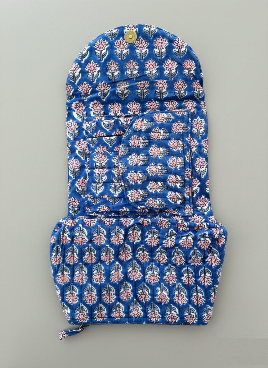 House of Mulmul - Quilted Foldable Travel Makeup pouch. Blue floral-patterned foldable makeup bag made of cotton.