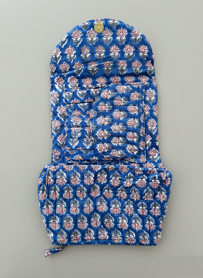 House of Mulmul - Quilted Foldable Travel Makeup pouch. Blue floral-patterned foldable makeup bag made of cotton.