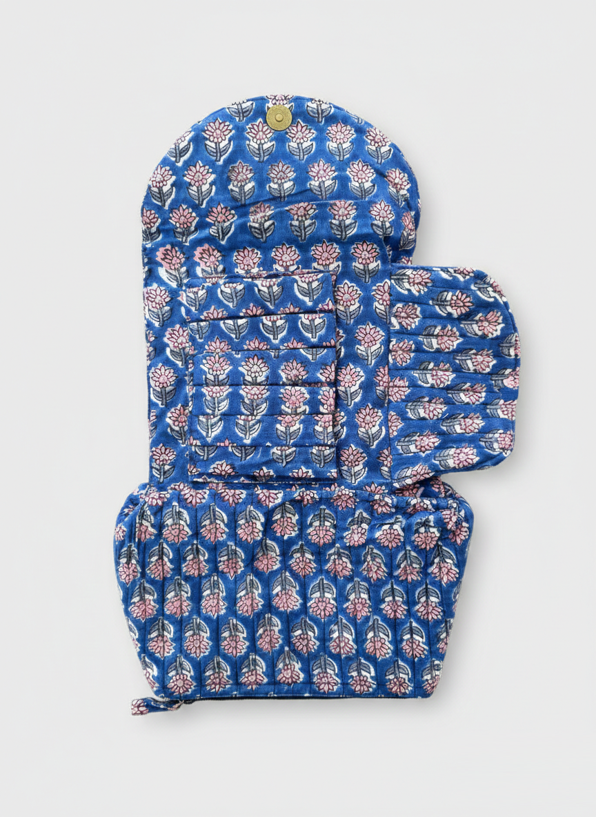 House of Mulmul - Quilted Foldable Travel Makeup pouch. Blue floral-patterned foldable makeup bag made of cotton.