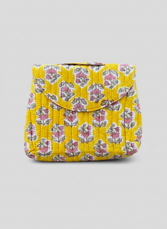 House of Mulmul - Quilted Foldable Travel Makeup pouch. Yellow pink makeup bag with white floral pattern on a white background