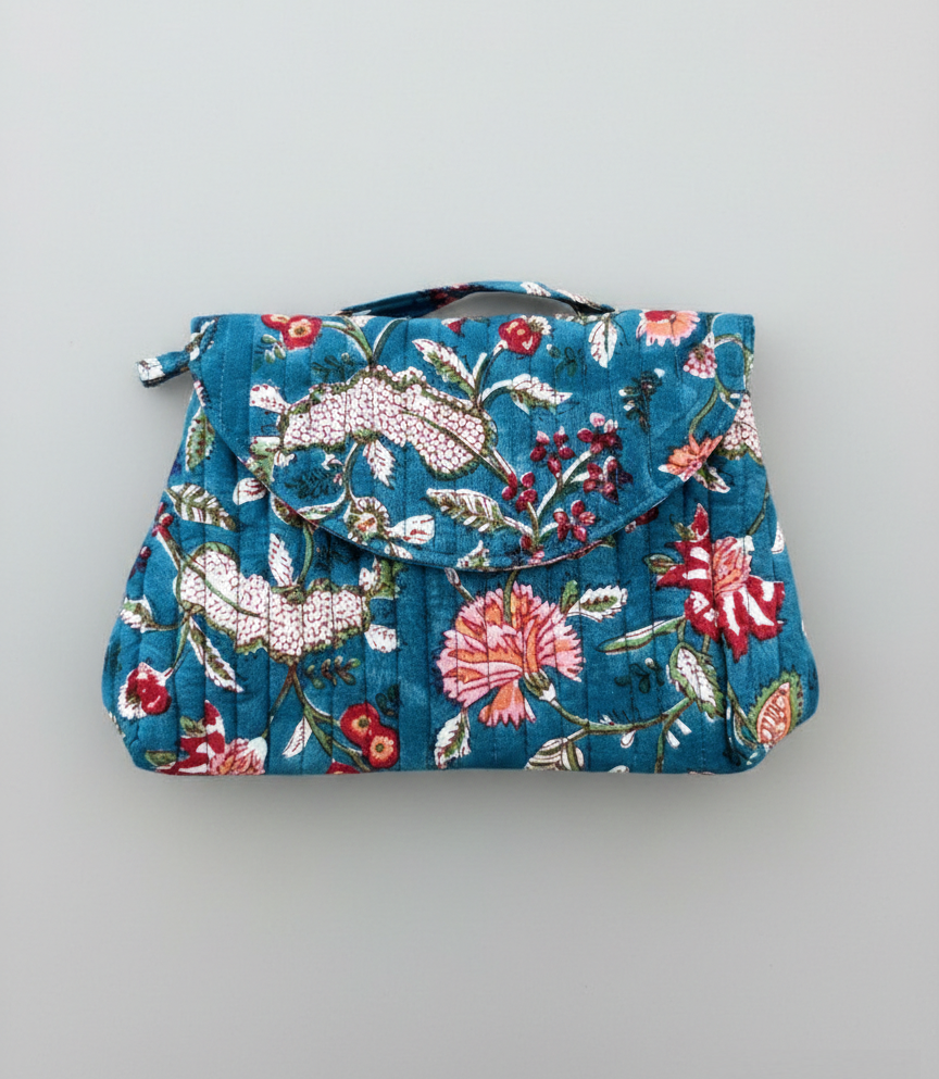 House of Mulmul - Quilted Foldable Travel Makeup pouch. Floral patterned cotton makeup bag, foldable