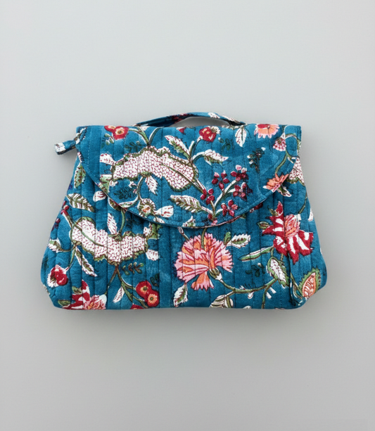 House of Mulmul - Quilted Foldable Travel Makeup pouch. Floral patterned cotton makeup bag, foldable