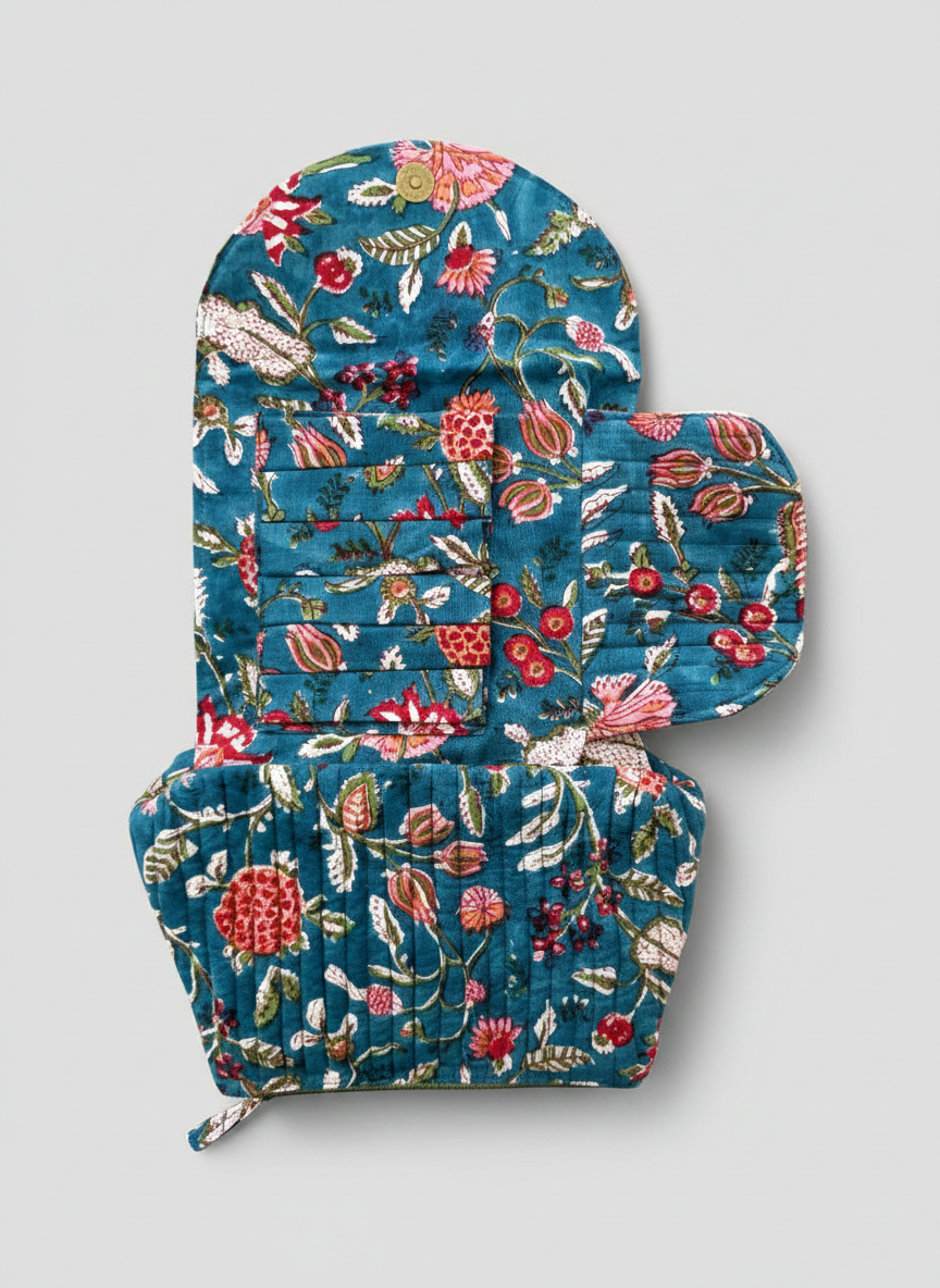 House of Mulmul - Quilted Foldable Travel Makeup pouch. Floral patterned cotton makeup bag, foldable