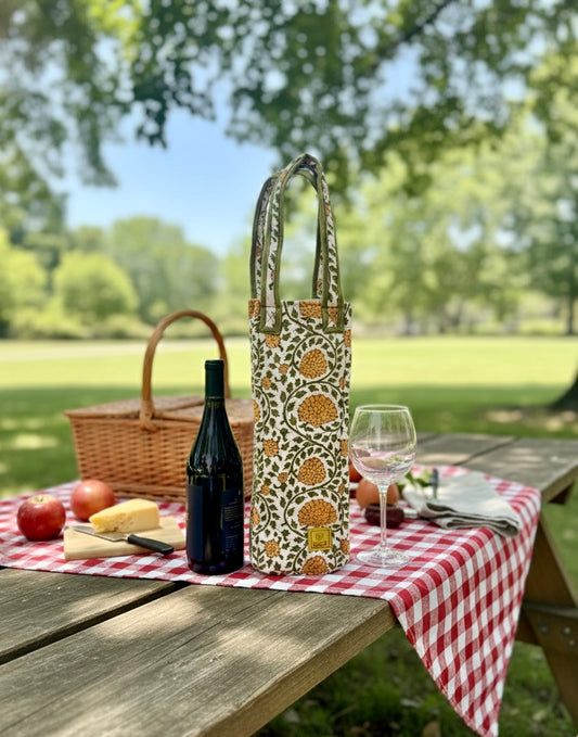 Blockprinted Quilted Wine Tote Bag (Willow Blossom)