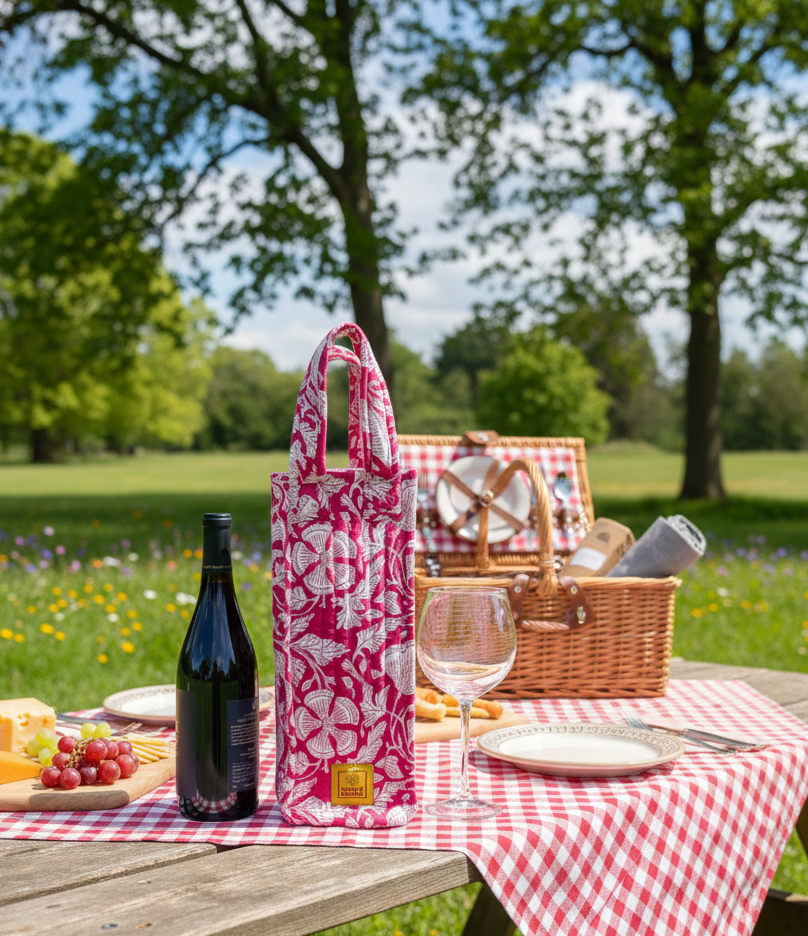 House of Mulmul - Quilted Wine Tote Bag. Picnic setup with a pink floral wine bag, bottle, glasses, and basket on a checkered tablecloth in a park.