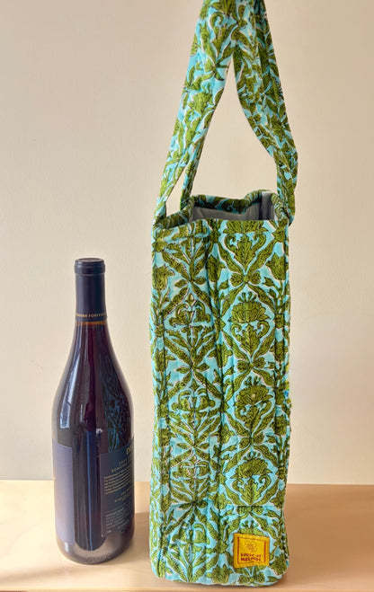 Blockprinted Quilted Wine Tote Bag (Sage Meadow)