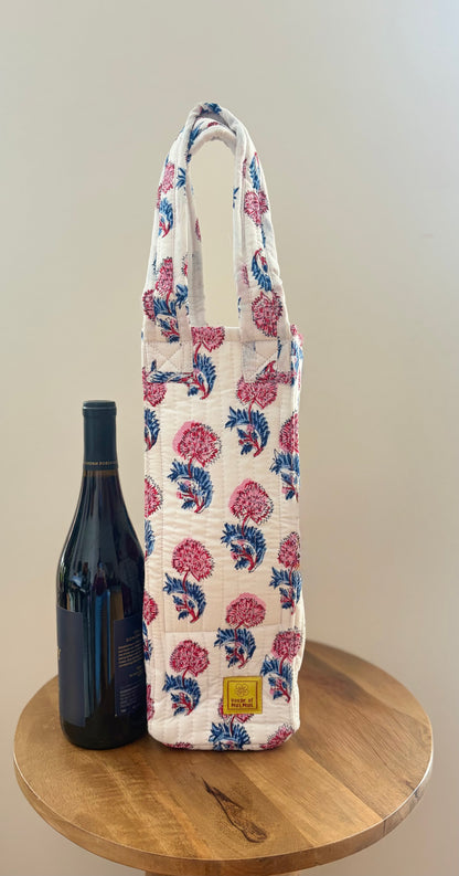 Blockprinted Quilted Wine Tote Bag (Indigo Rose)