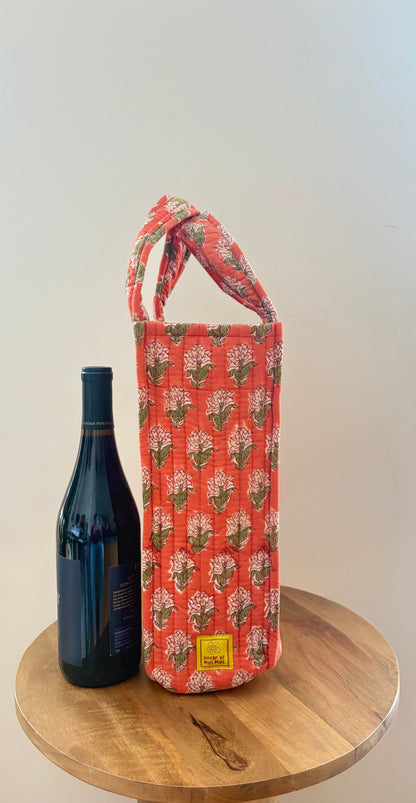 Blockprinted Quilted Wine Tote Bag (Saffron Harvest)