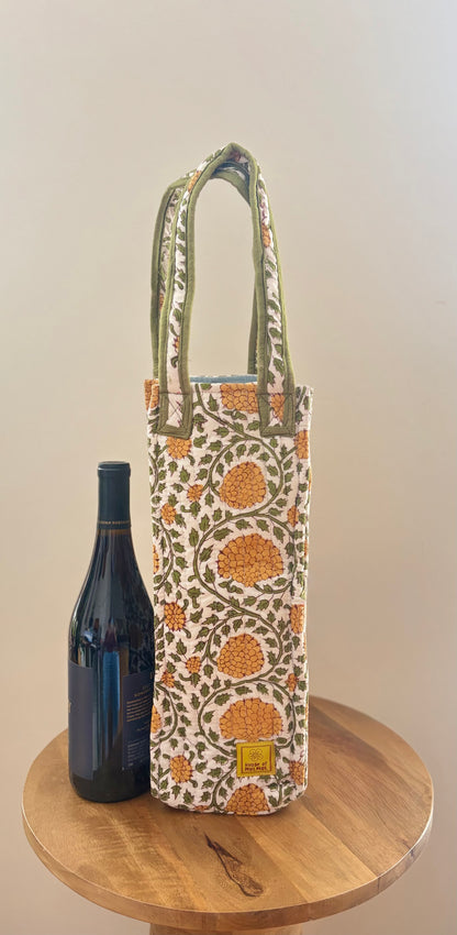 Blockprinted Quilted Wine Tote Bag (Willow Blossom)