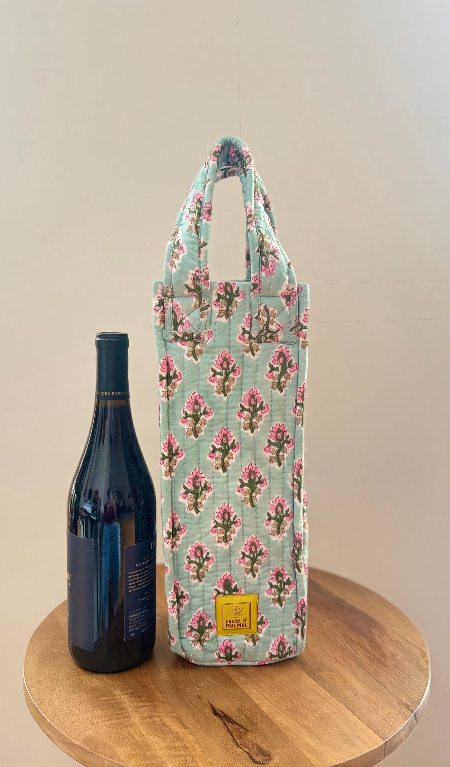Blockprinted Quilted Wine Tote Bag (Teal Thistle)