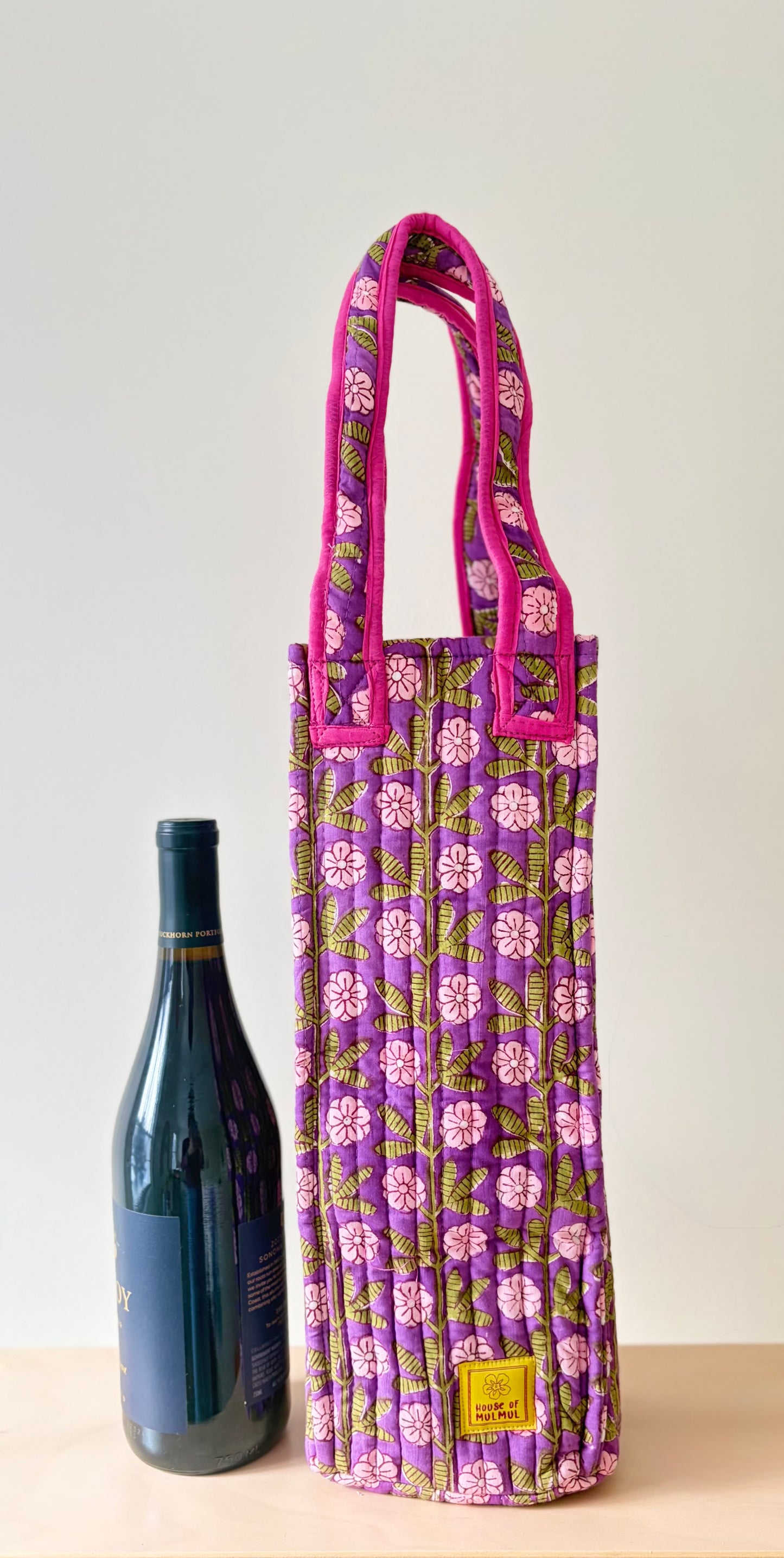Blockprinted Quilted Wine Tote Bag (Purple Vineyard)