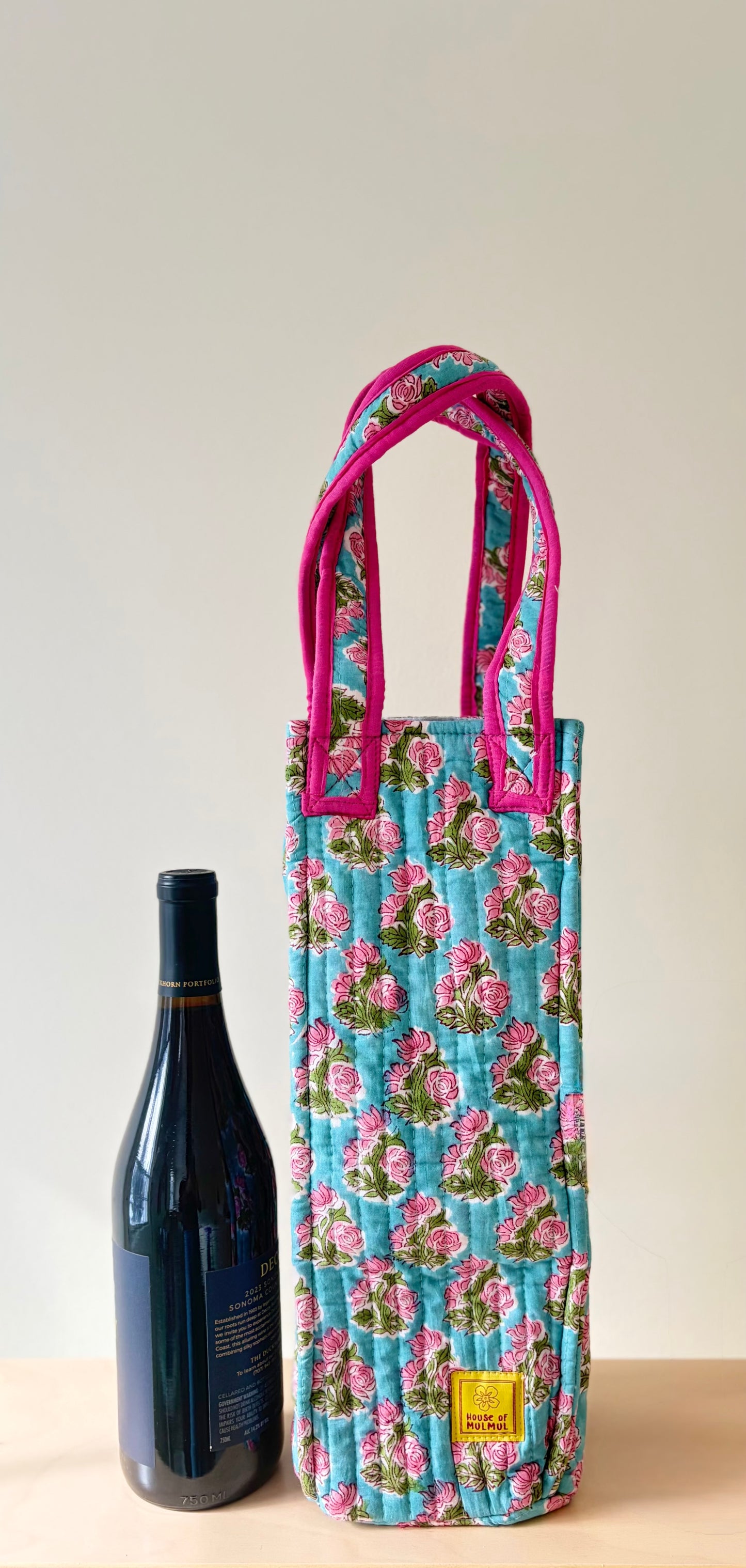 Blockprinted Quilted Wine Tote Bag (Pink Whimsy)