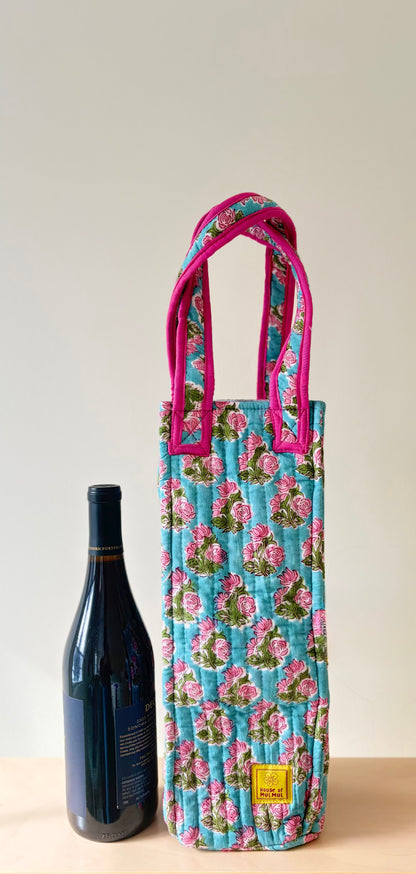 Blockprinted Quilted Wine Tote Bag (Pink Whimsy)