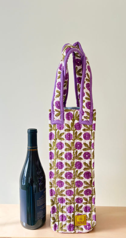 Blockprinted Quilted Wine Tote Bag (Purple Garden)
