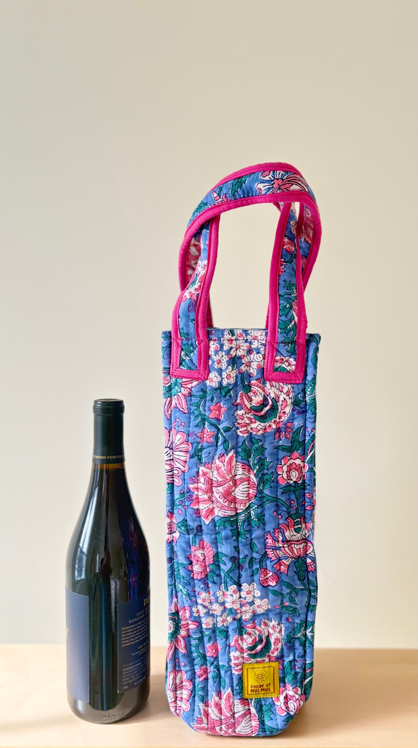 Blockprinted Quilted Wine Tote Bag (Blue Lotus)