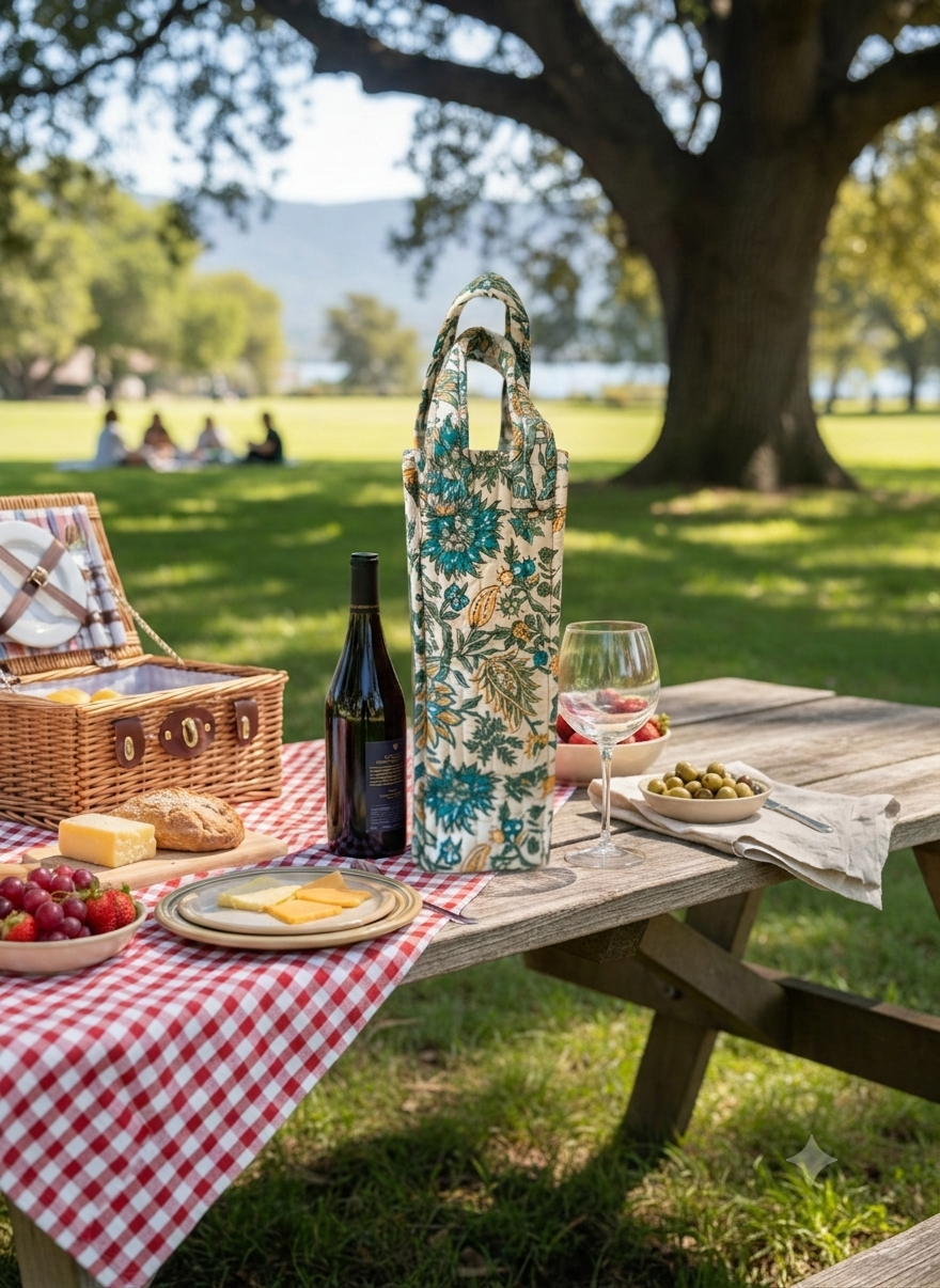 House of Mulmul - Quilted Wine Tote Bag. A floral picnic tote bag with a green and blue botanical pattern stands on a wooden picnic table outdoors. The scene includes a red-and-white checkered tablecloth, a wicker picnic basket, a bottle of wine, a wine glass, cheese, olives, and grapes, with a grassy park and large tree in the background.