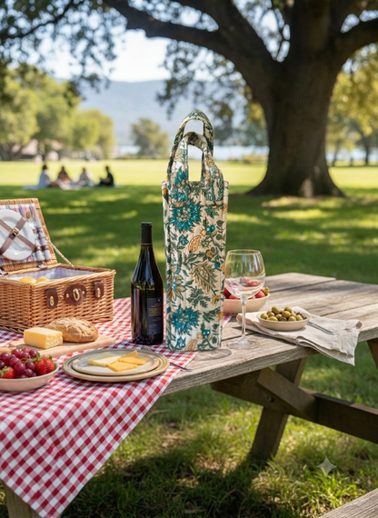 House of Mulmul - Quilted Wine Tote Bag. A floral picnic tote bag with a green and blue botanical pattern stands on a wooden picnic table outdoors. The scene includes a red-and-white checkered tablecloth, a wicker picnic basket, a bottle of wine, a wine glass, cheese, olives, and grapes, with a grassy park and large tree in the background.