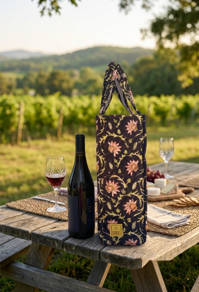 House of Mulmul - Quilted Wine Tote Bags. A floral wine tote bag stands on a rustic wooden picnic table outdoors, styled with a wine bottle, filled wine glass, and cheese and grapes in a vineyard setting.